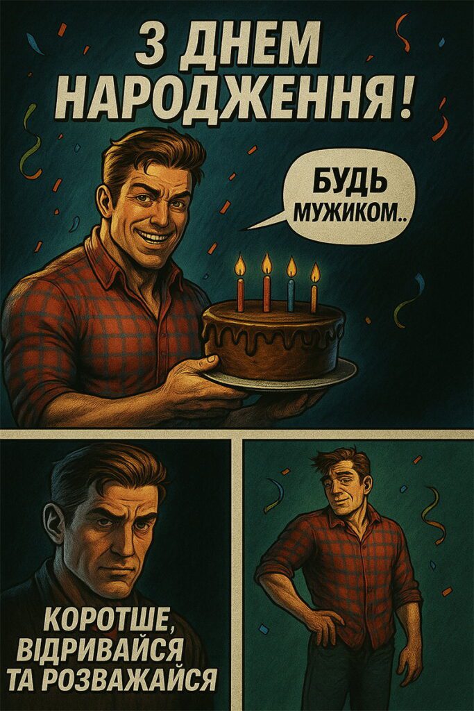 Комічна листівка “Будь мужиком” з чоловіком у стилі ретро-комікса