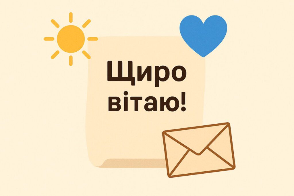 Тепле привітання з іконками сонця, блакитного серця та поштового конверта