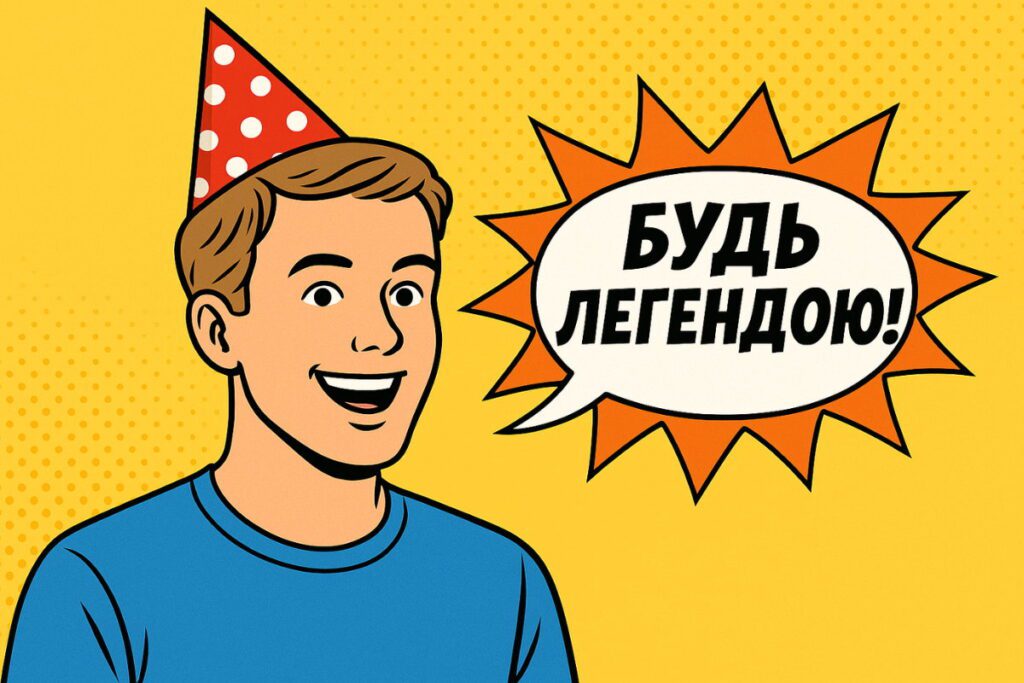 Яскрава картка з усміхненим персонажем у червоному ковпачку та мовною бульбашкою