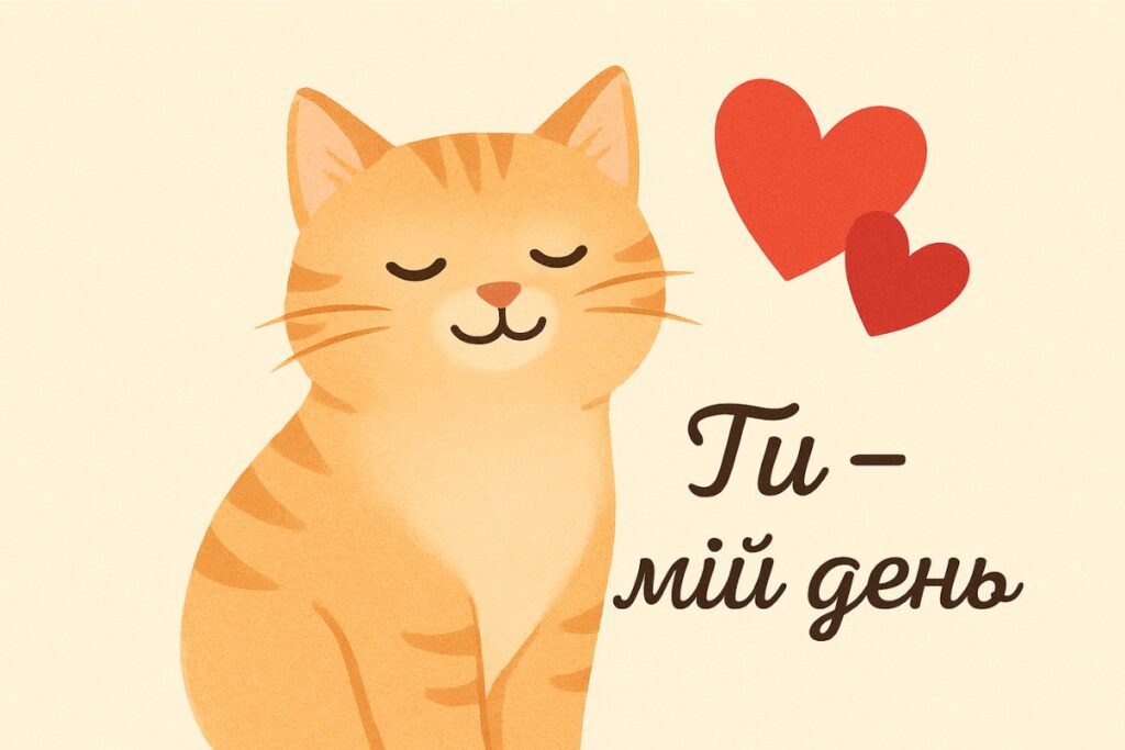 Любовне привітання для хлопця з cartoon-кішкою на кремовому фоні