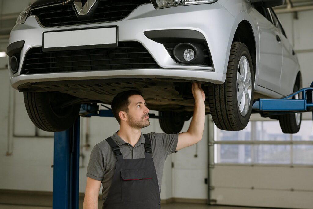 Майстер на СТО перевіряє днище автомобіля Renault