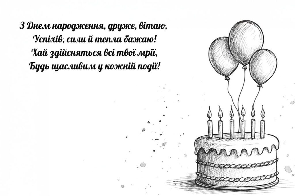 Чорно-білий скетч святкового торта з віршованими побажаннями
