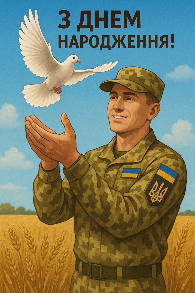 Патріотична картка з бійцем ЗСУ та символом миру