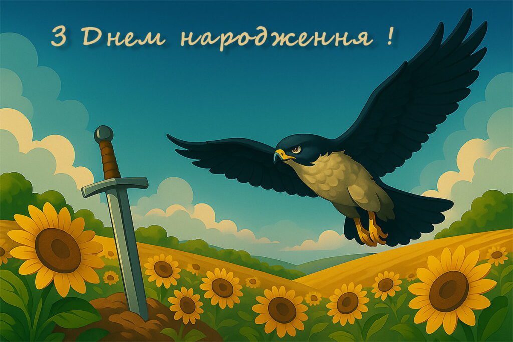 Святкова листівка “З днем народження!” з орлом над соняшниковим полем та мечем
