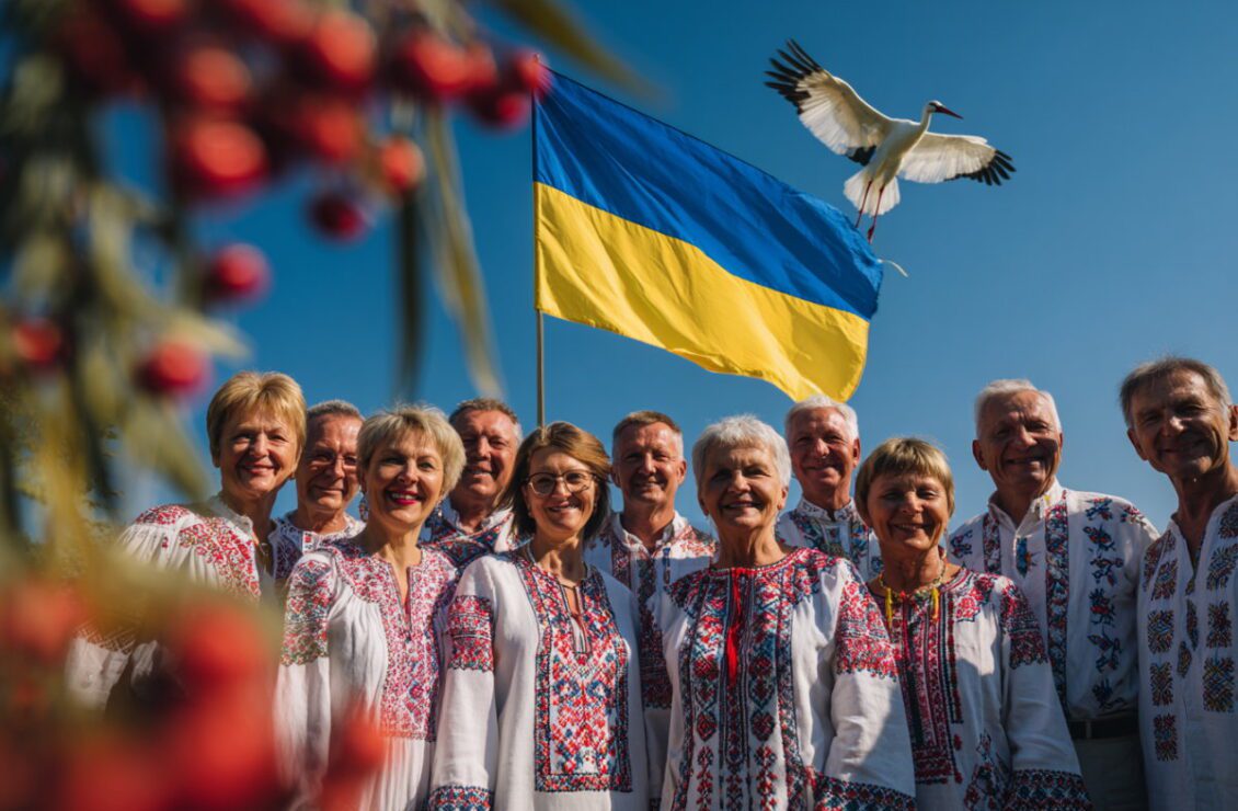 Зображення різних символів України: вишиванка, лелека, прапор, калина