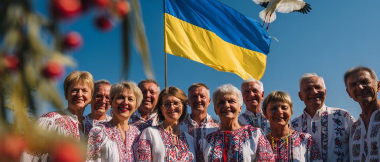 Зображення різних символів України: вишиванка, лелека, прапор, калина