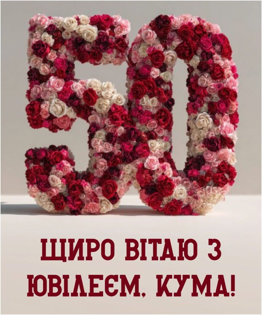 Цифра 50 з квітів та привітанням з ювілеєм для куми