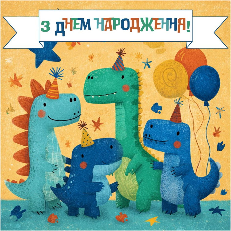 Веселі динозаври у святкових шапочках з привітанням