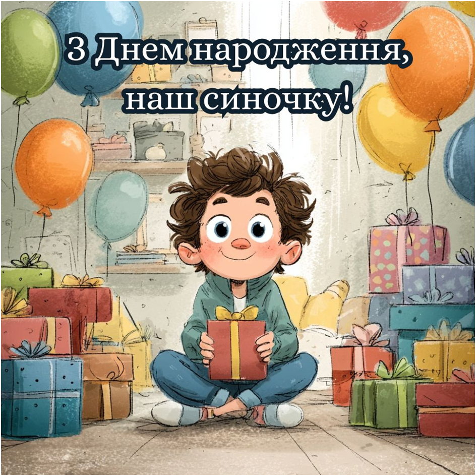 Щасливий хлопчик серед подарунків та повітряних кульок з привітанням