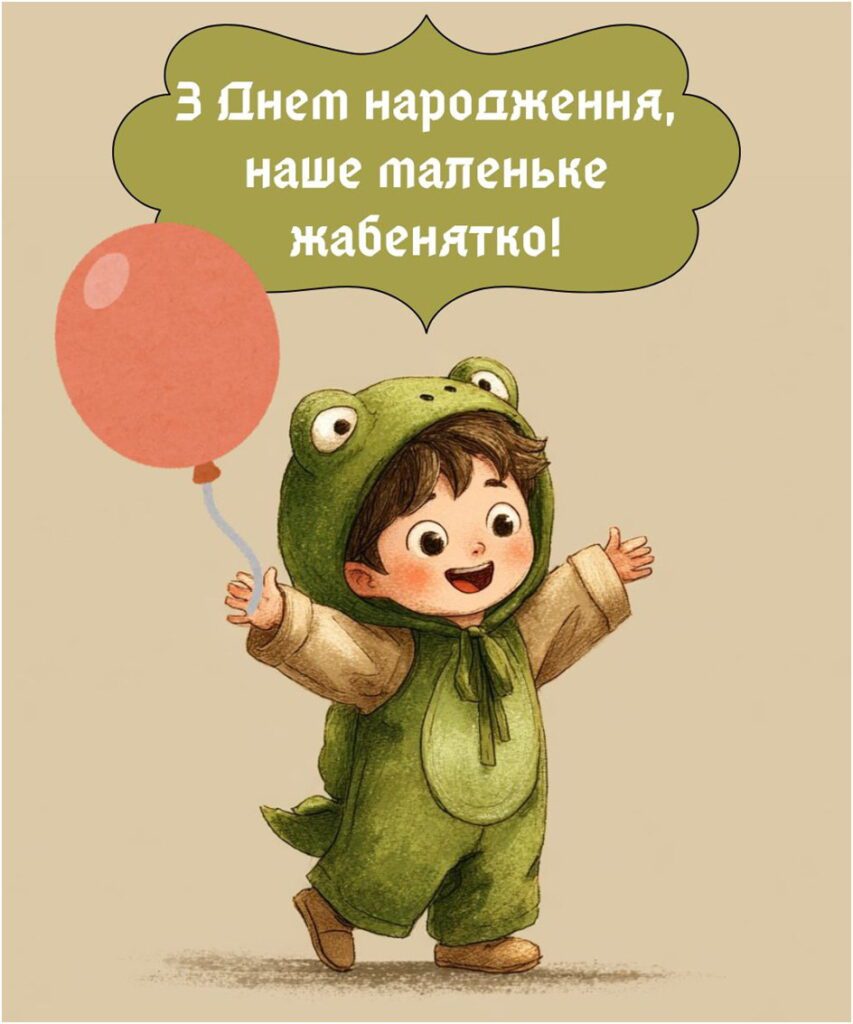 Дитина в костюмі жабеня з кулькою та радісним привітанням