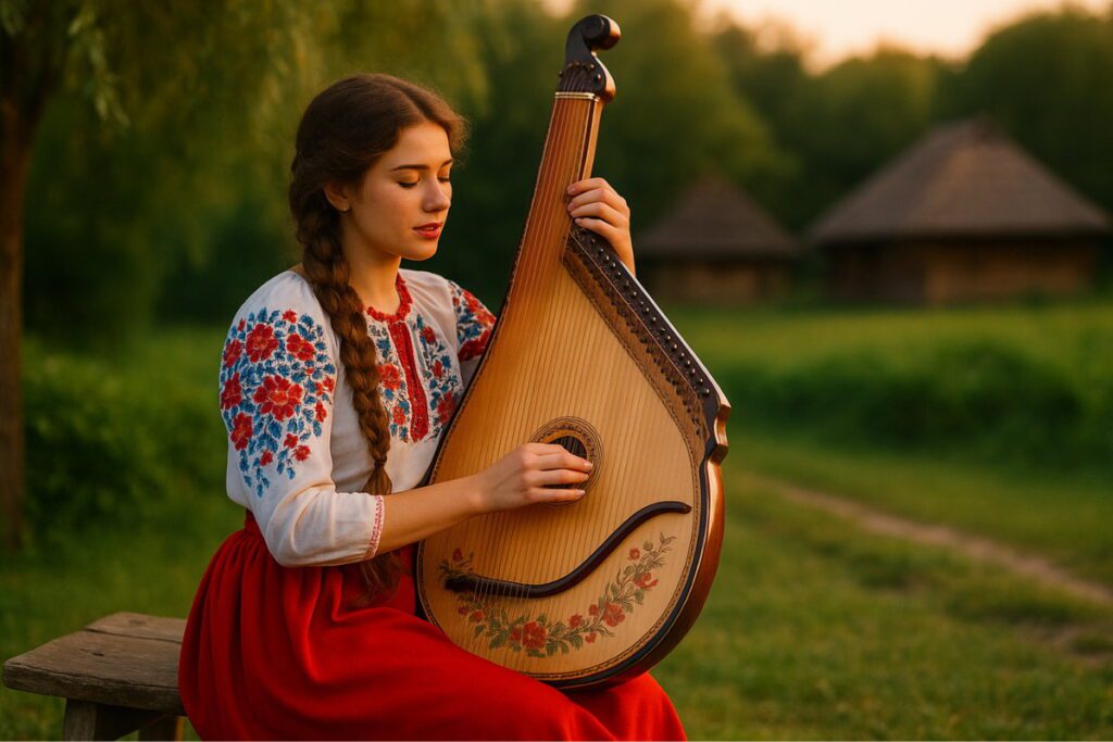 Дівчина в народному костюмі грає на бандурі