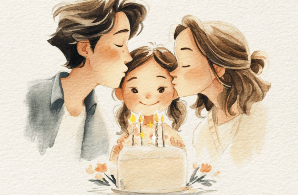 Мама і тато з любов’ю цілують донечку на День народження, перед нею святковий торт