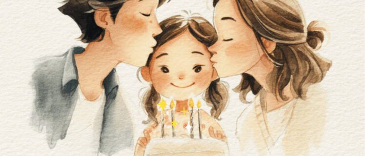 Мама і тато з любов’ю цілують донечку на День народження, перед нею святковий торт