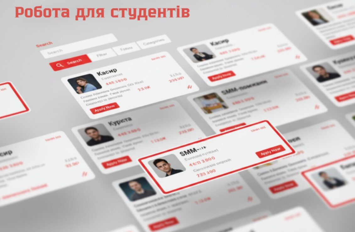 Інтерфейс платформи пошуку роботи для студентів з картками вакансій