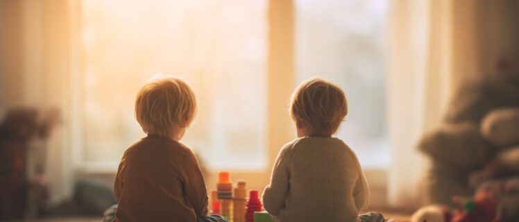 Двоє малюків сидять на підлозі, граючись кольоровими кубиками