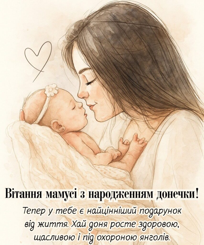 Графічна картинка мама з донечкою з написами вітання