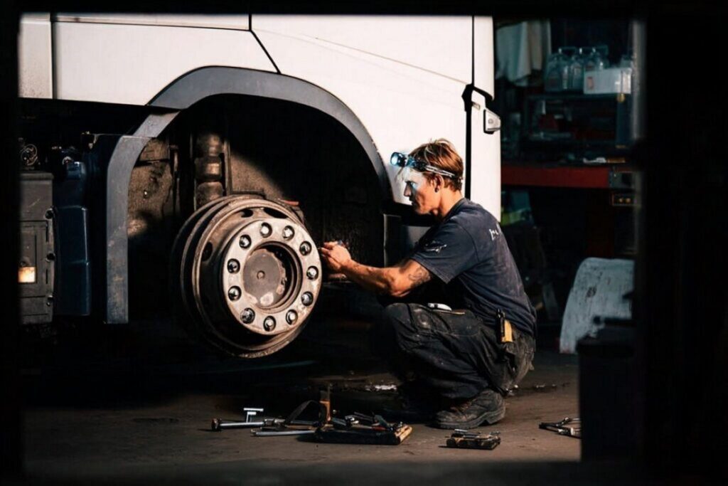 Майстер ремонтує колесо вантажівки