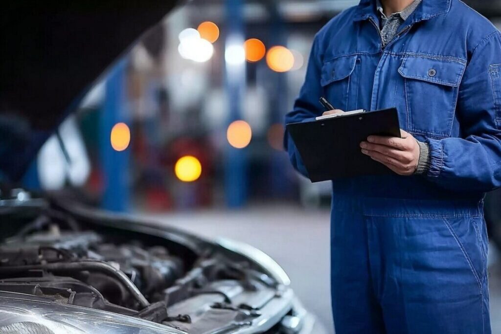 Автомеханік робить записи щодо справності авто