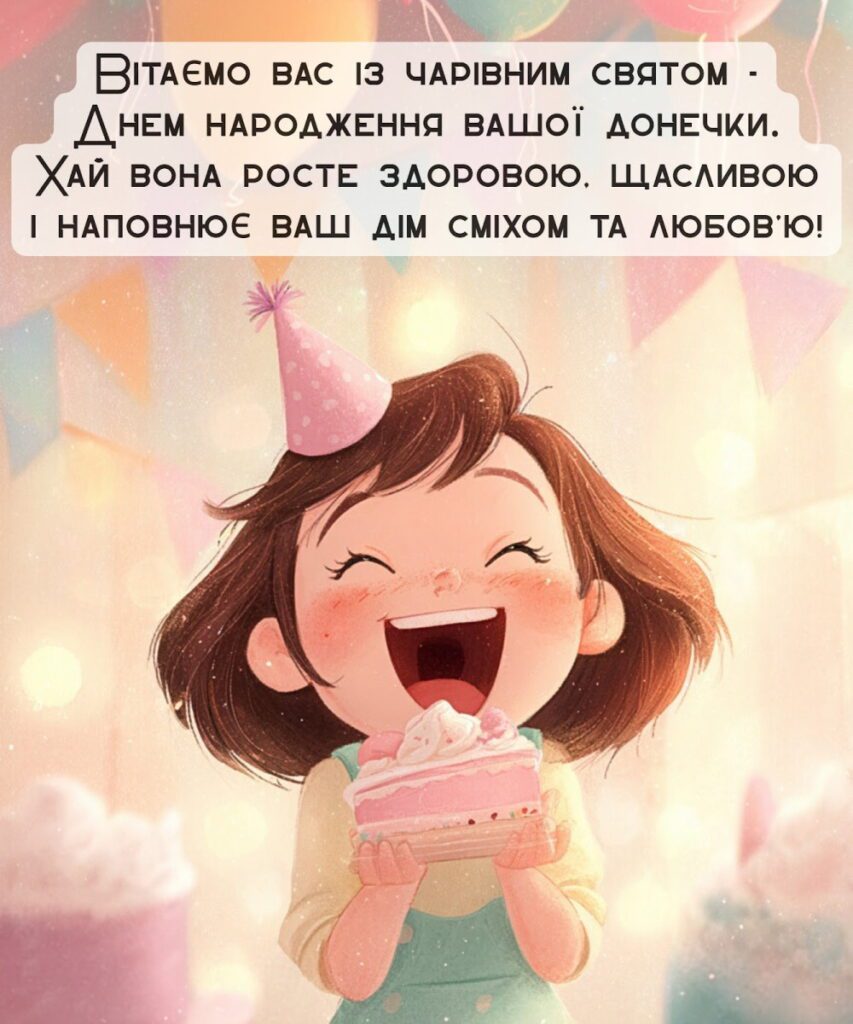 Кумедна дівчинка з тортиком для привітання “З днем народження донечки”