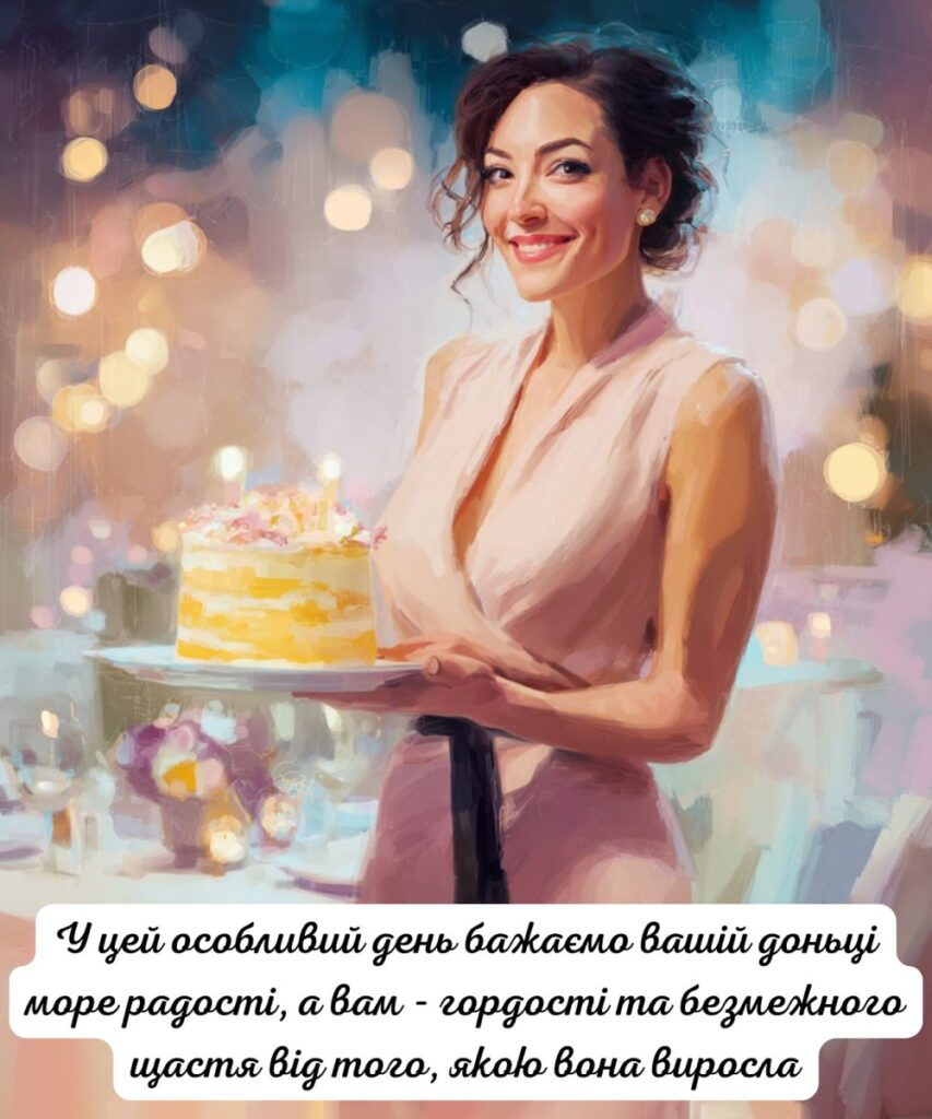 Акварель “Жінка з тортом” з щирими словами привітань у День народження