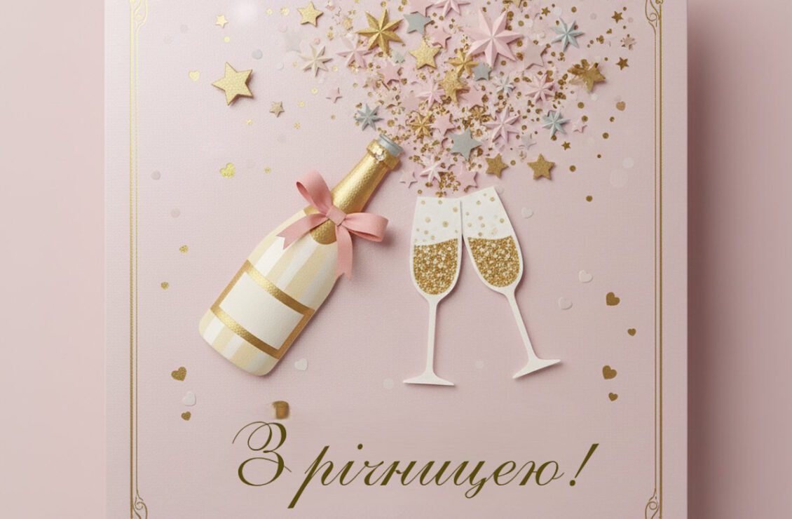 Листівка з річницею з пляшкою шампанського, келихами та конфетті