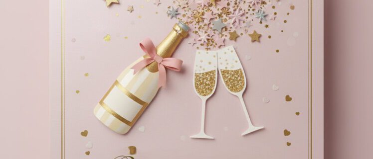Листівка з річницею з пляшкою шампанського, келихами та конфетті