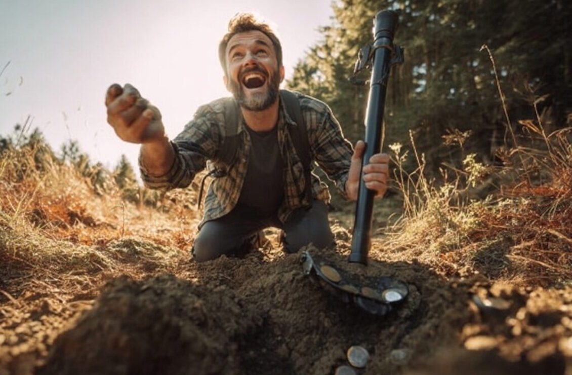 Чоловік радіє знайденим за допомогою металошукача монетам