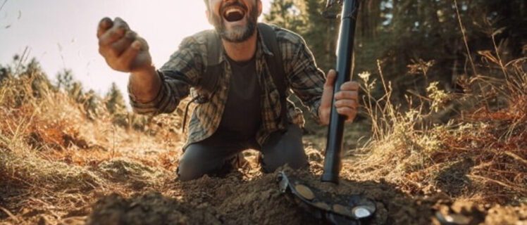 Чоловік радіє знайденим за допомогою металошукача монетам