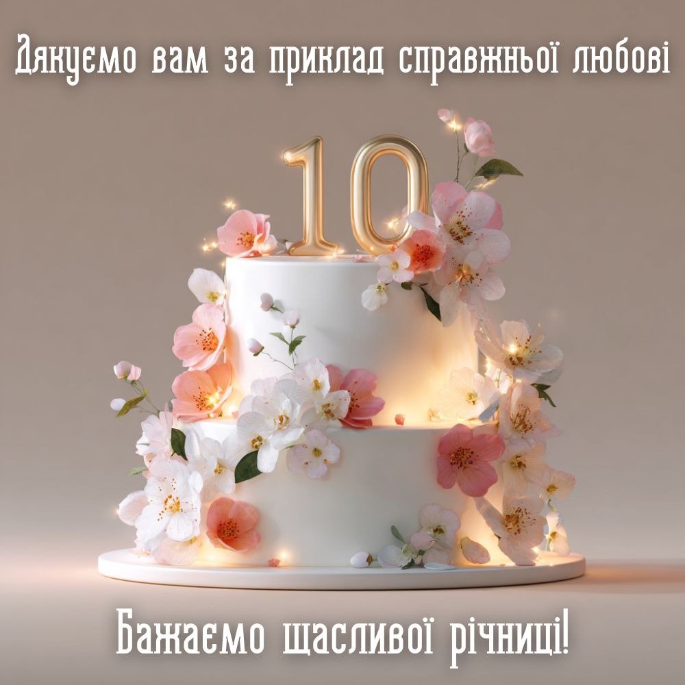 Святковий торт з цифрою 10 та рожевими квітами
