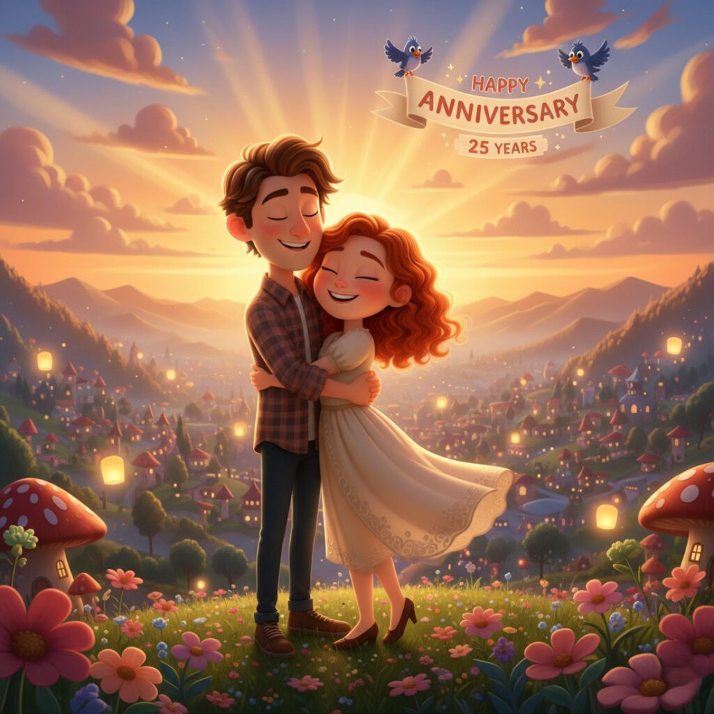 Казкова ілюстрація пари на тлі містечка та заходу сонця