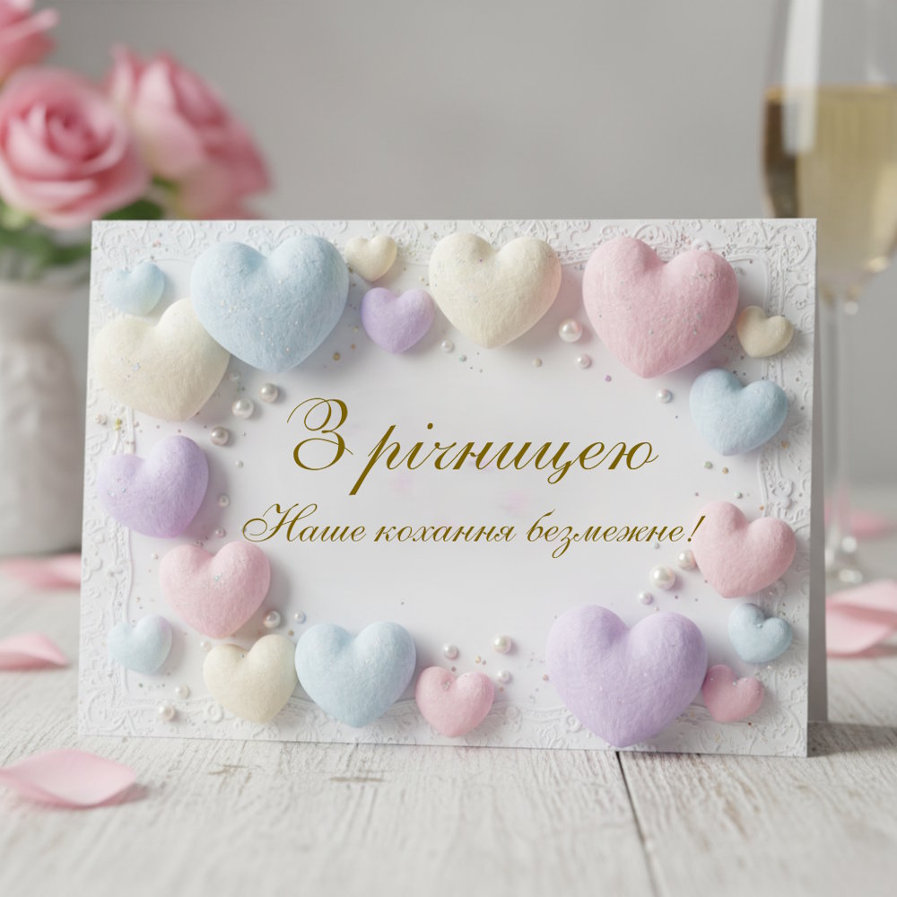 Листівка до річниці з об'ємними серцями в пастельних тонах