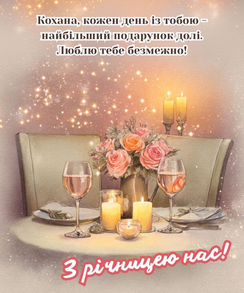 Святковий стіл з трояндами, свічками та келихами з вином