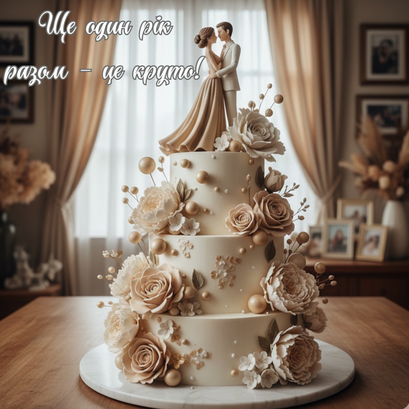 Розкішний багатоярусний весільний торт бежевого кольору з фігурками нареченої та нареченого