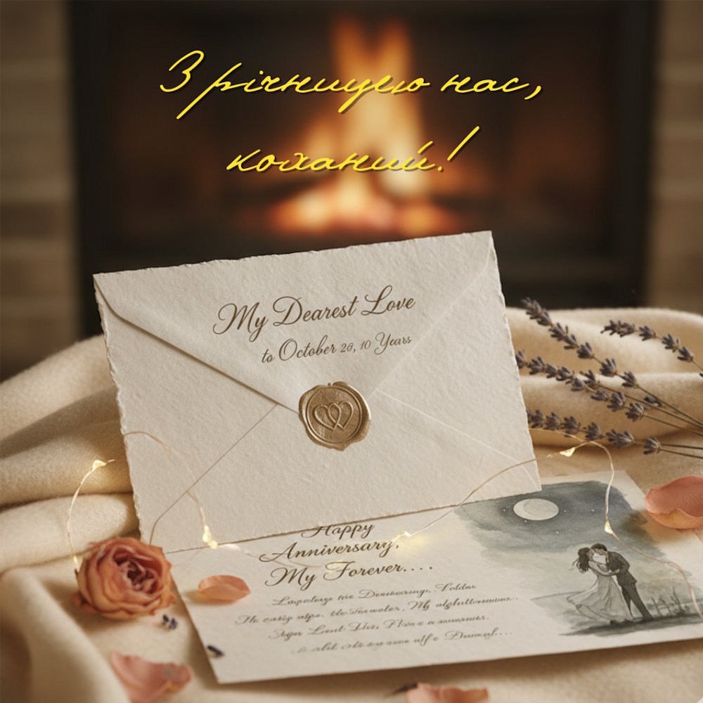 Конверт з печаткою та написом З річницею нас, коханий!