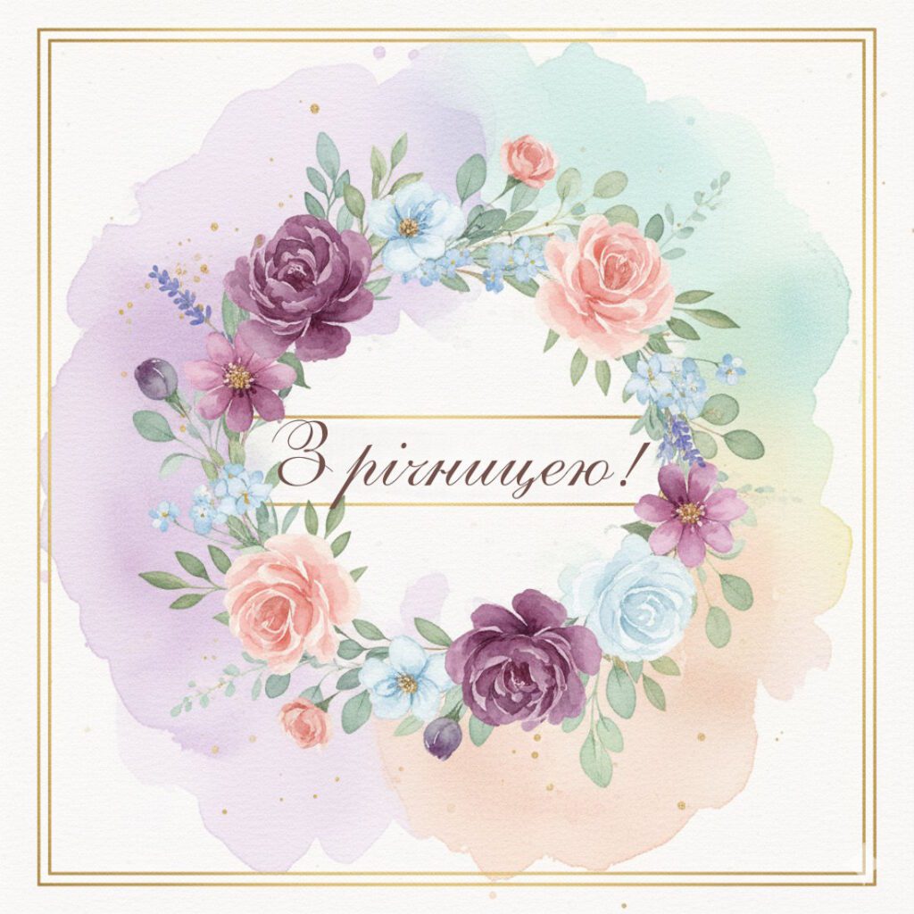 Акварельний вінок з квітів у пастельних тонах та напис у золотій рамці З річницею!