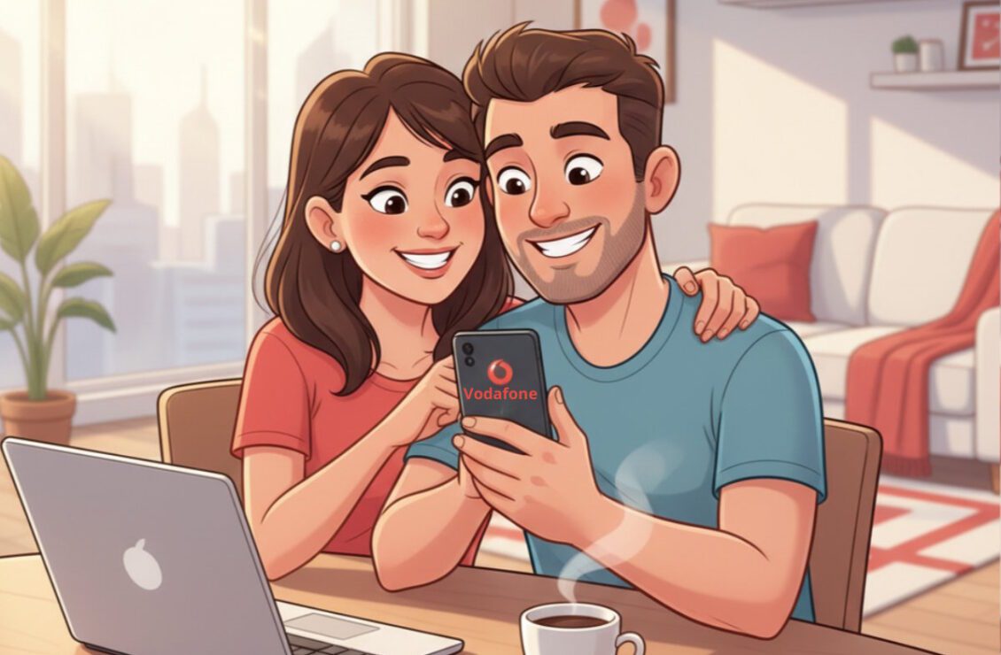 Чоловік і жінка разом дивляться на смартфон із логотипом Vodafone у сучасній кімнаті