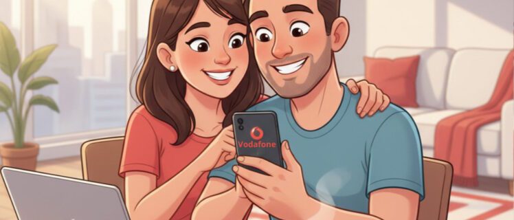 Чоловік і жінка разом дивляться на смартфон із логотипом Vodafone у сучасній кімнаті