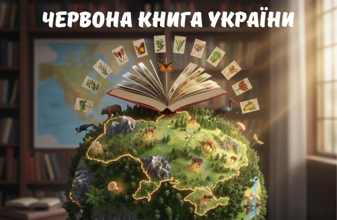 Відкрита Червона книга над картою України з тваринами, рослинами й ілюстраціями