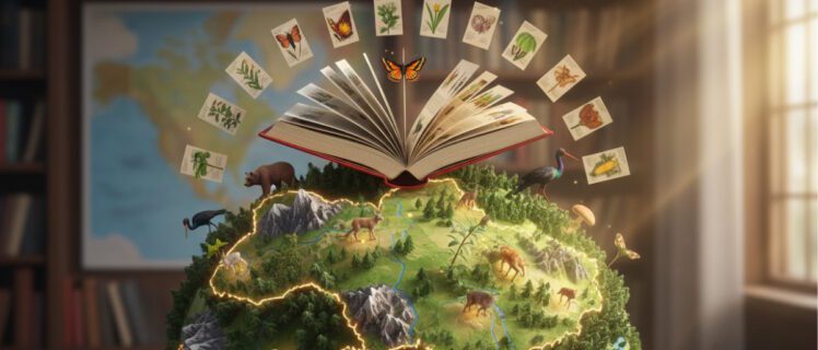 Відкрита Червона книга над картою України з тваринами, рослинами й ілюстраціями