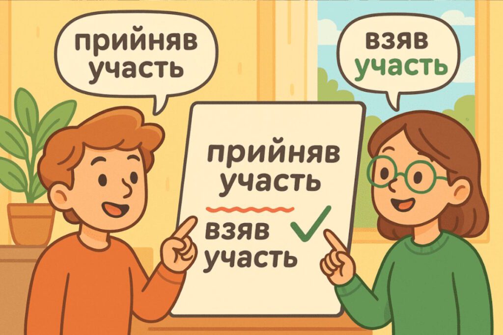 Двоє людей обговорюють фразу “прийняв участь” і показують правильний варіант