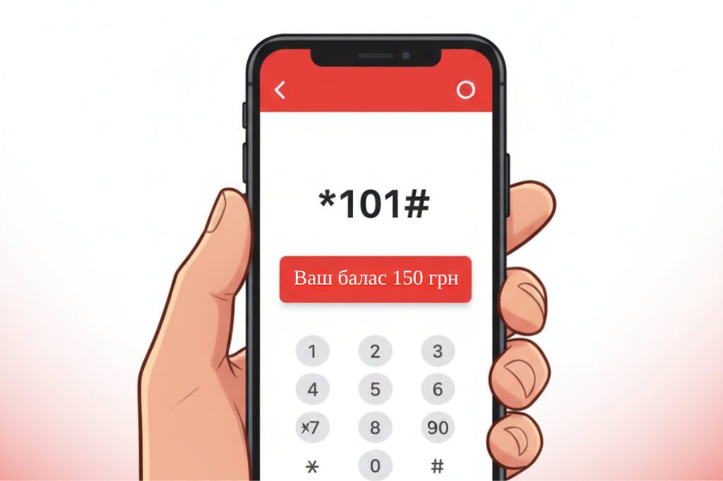 Рука тримає смартфон із кодом *101# та повідомленням про баланс