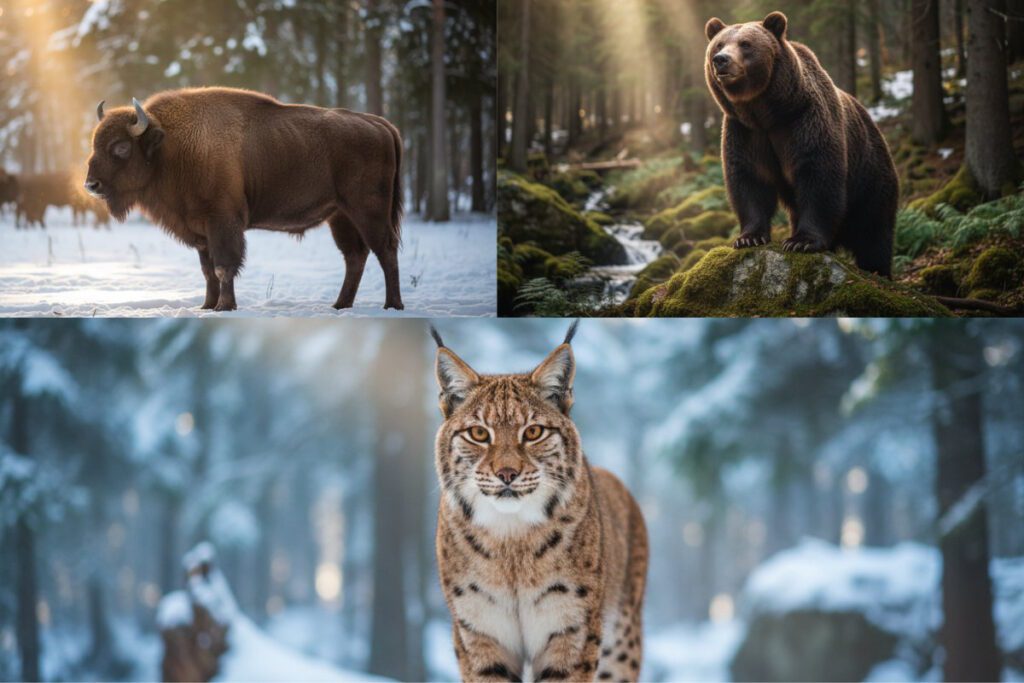 Колаж із трьох диких тварин України: зубр, бурий ведмідь та рись у природному середовищі