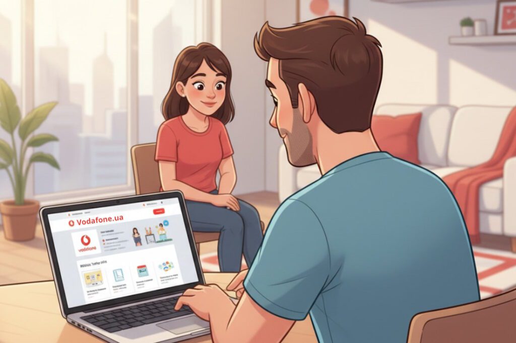 Чоловік працює за ноутбуком із сайтом Vodafone