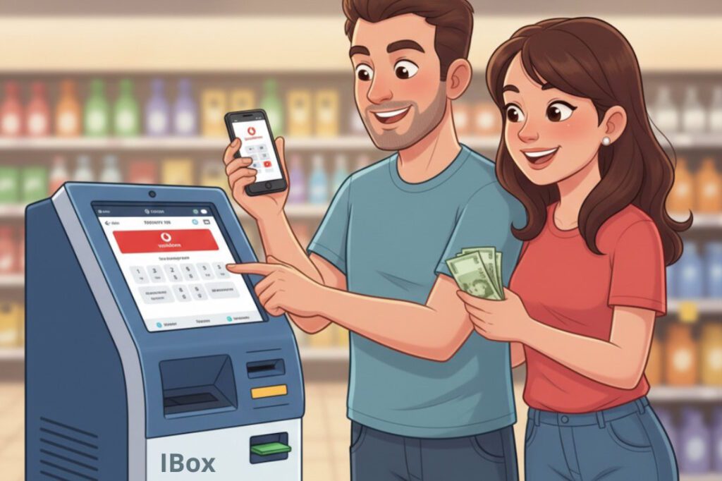Чоловік і жінка поповнюють рахунок Vodafone через термінал IBox