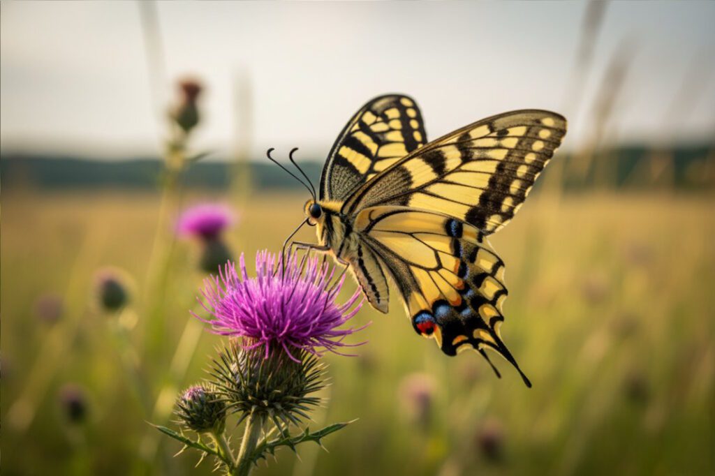 Яскравий жовто-чорний метелик махаон сидить на фіолетовій квітці