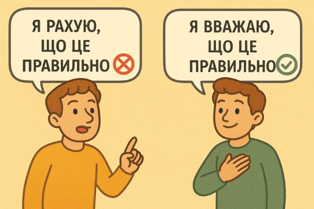 Порівняння фраз “Я рахую, що…” і “Я вважаю, що…”, де показано правильний варіант