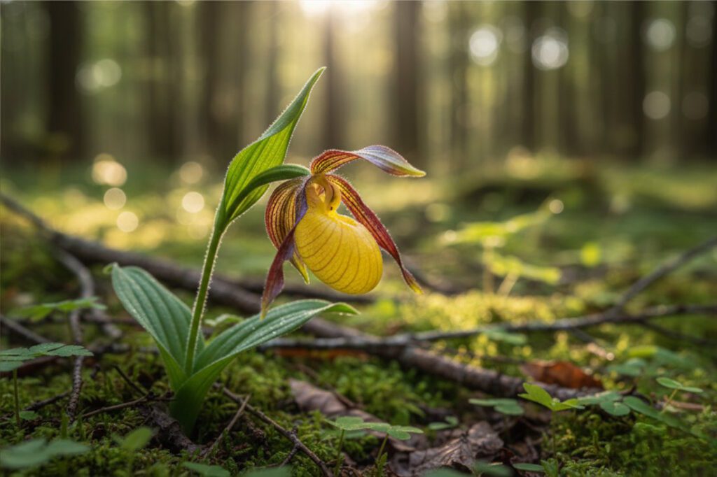 Рідкісна квітка зозулині черевички росте серед моху в лісі