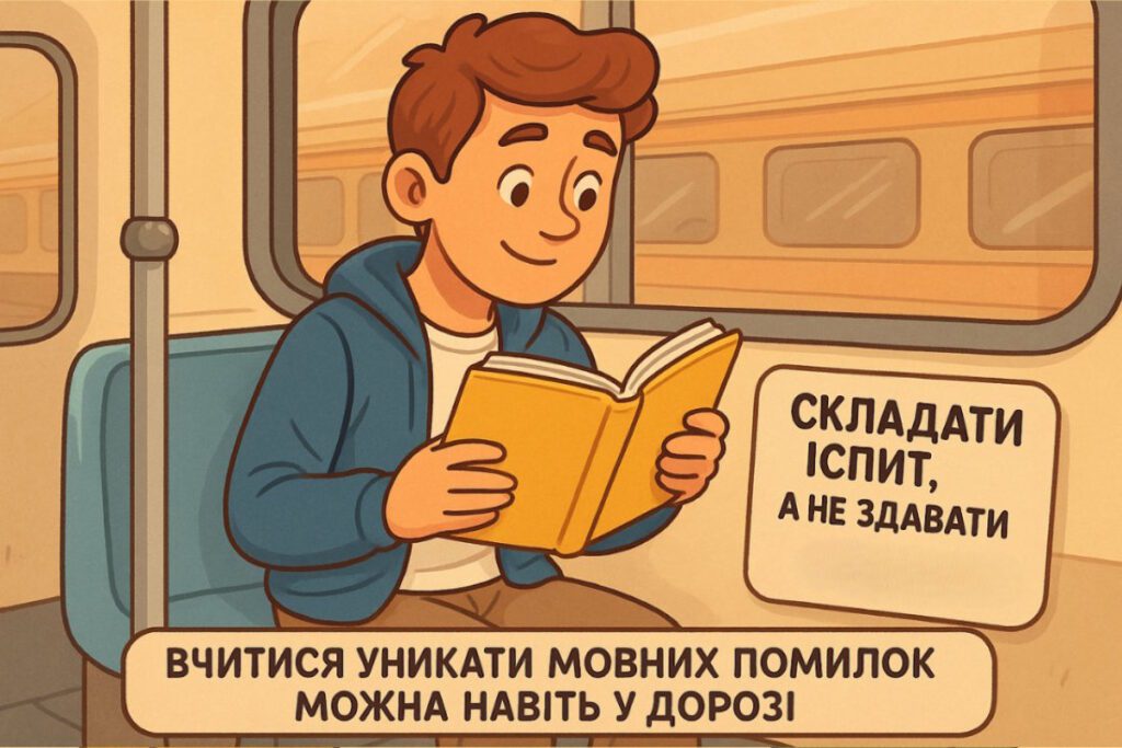 Хлопець читає книжку у метро, на екрані поруч написано “Складати іспит, а не здавати”