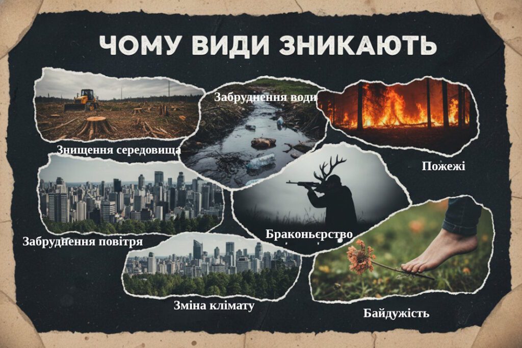 Колаж з причинами зникнення видів