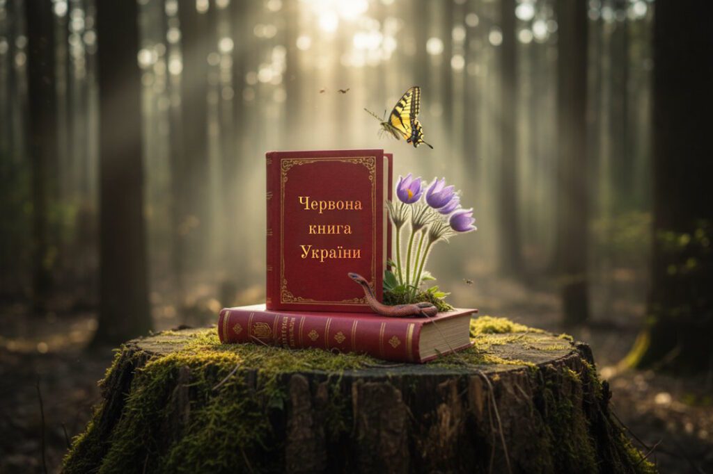 Червона книга на пні в лісі, оточена рідкісними видами